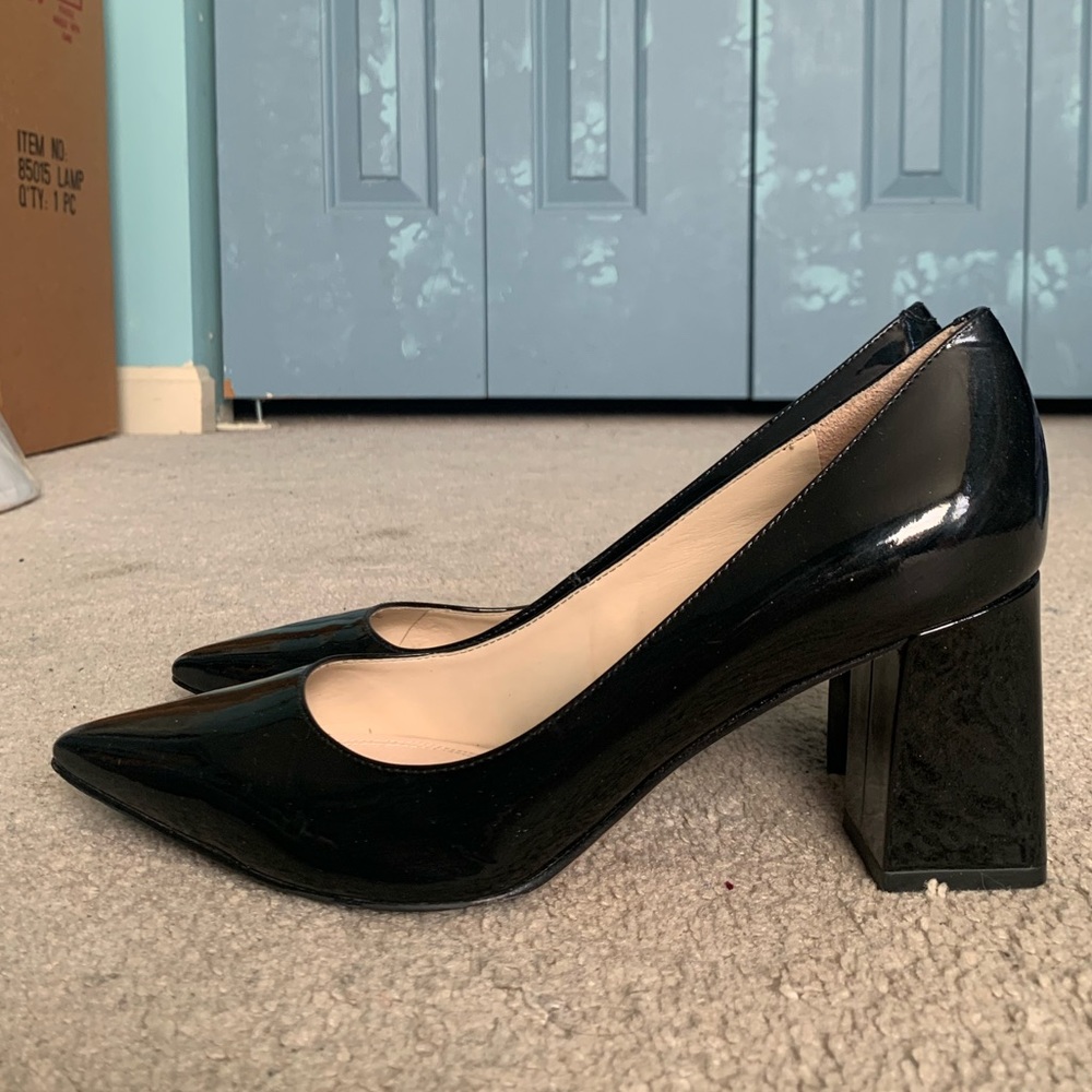 MARC FISHER ZALA BLOCK HEEL POINTY TOE PUMP Black Patent Leather SZ 7.5